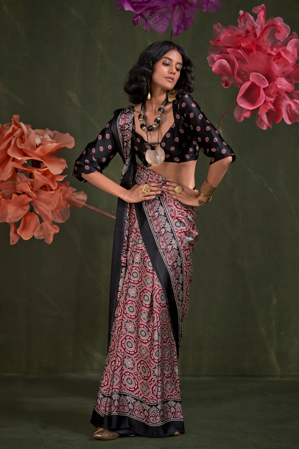 Printed Ajrakh Satin Crepe Saree with Ethnic Artistic Patterns