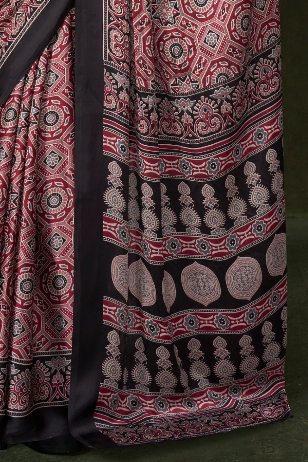 Printed Ajrakh Satin Crepe Saree with Ethnic Artistic Patterns