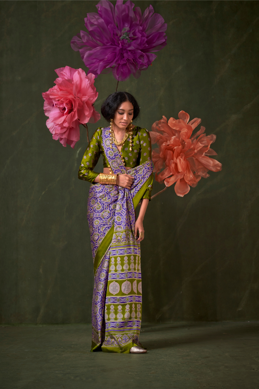 Printed Ajrakh Satin Crepe Saree with Ethnic Artistic Patterns