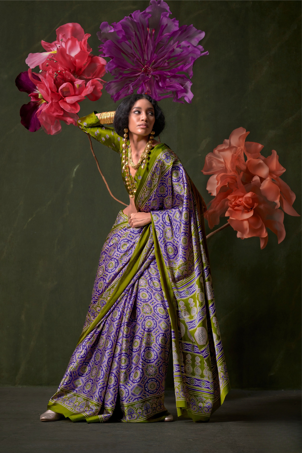 Printed Ajrakh Satin Crepe Saree with Ethnic Artistic Patterns