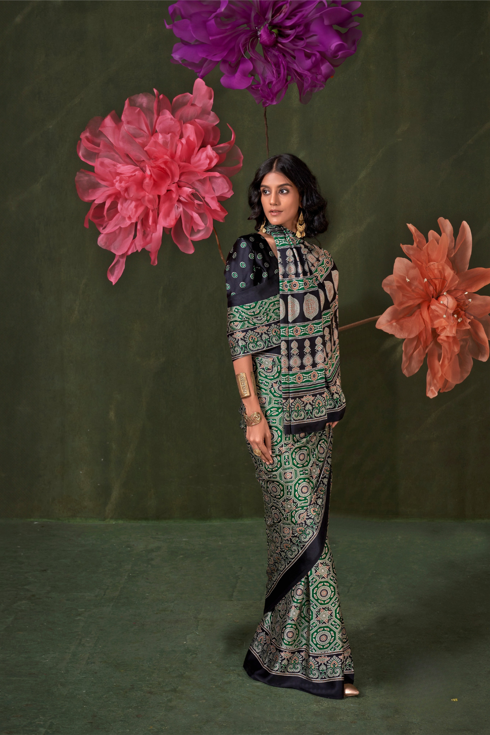 Printed Ajrakh Satin Crepe Saree with Ethnic Artistic Patterns