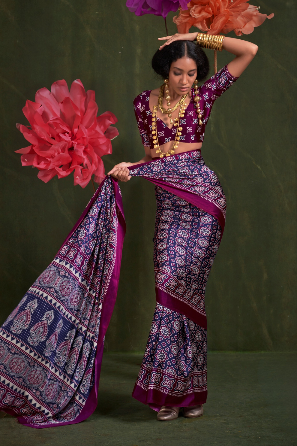 Printed Ajrakh Satin Crepe Saree with Ethnic Artistic Patterns