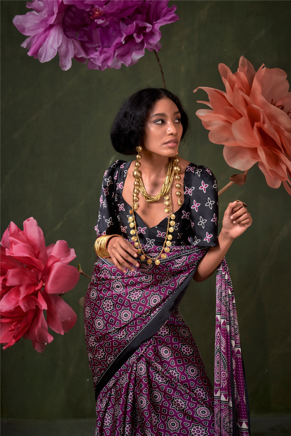 Printed Ajrakh Satin Crepe Saree with Ethnic Artistic Patterns