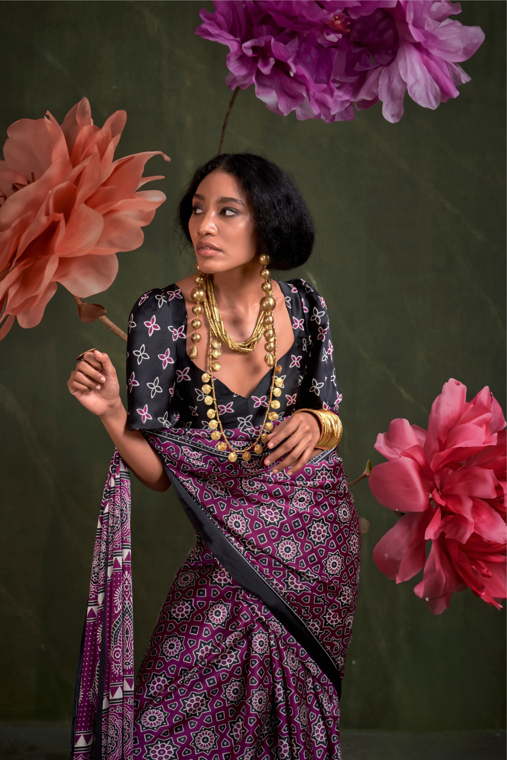 Printed Ajrakh Satin Crepe Saree with Ethnic Artistic Patterns