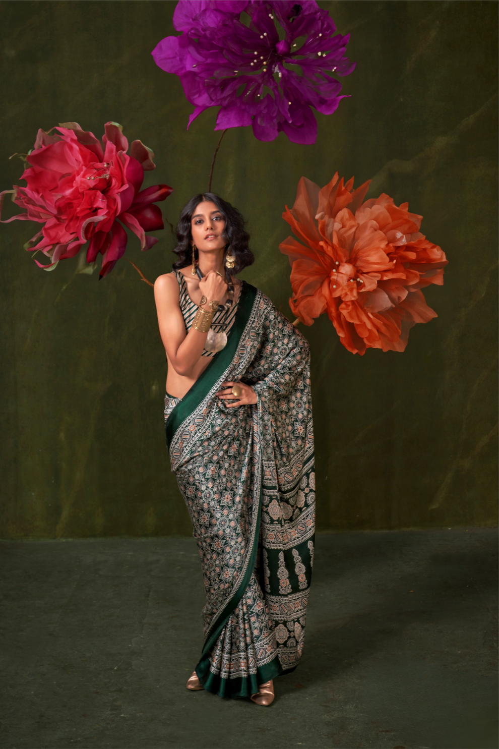 Printed Ajrakh Satin Crepe Saree with Ethnic Artistic Patterns