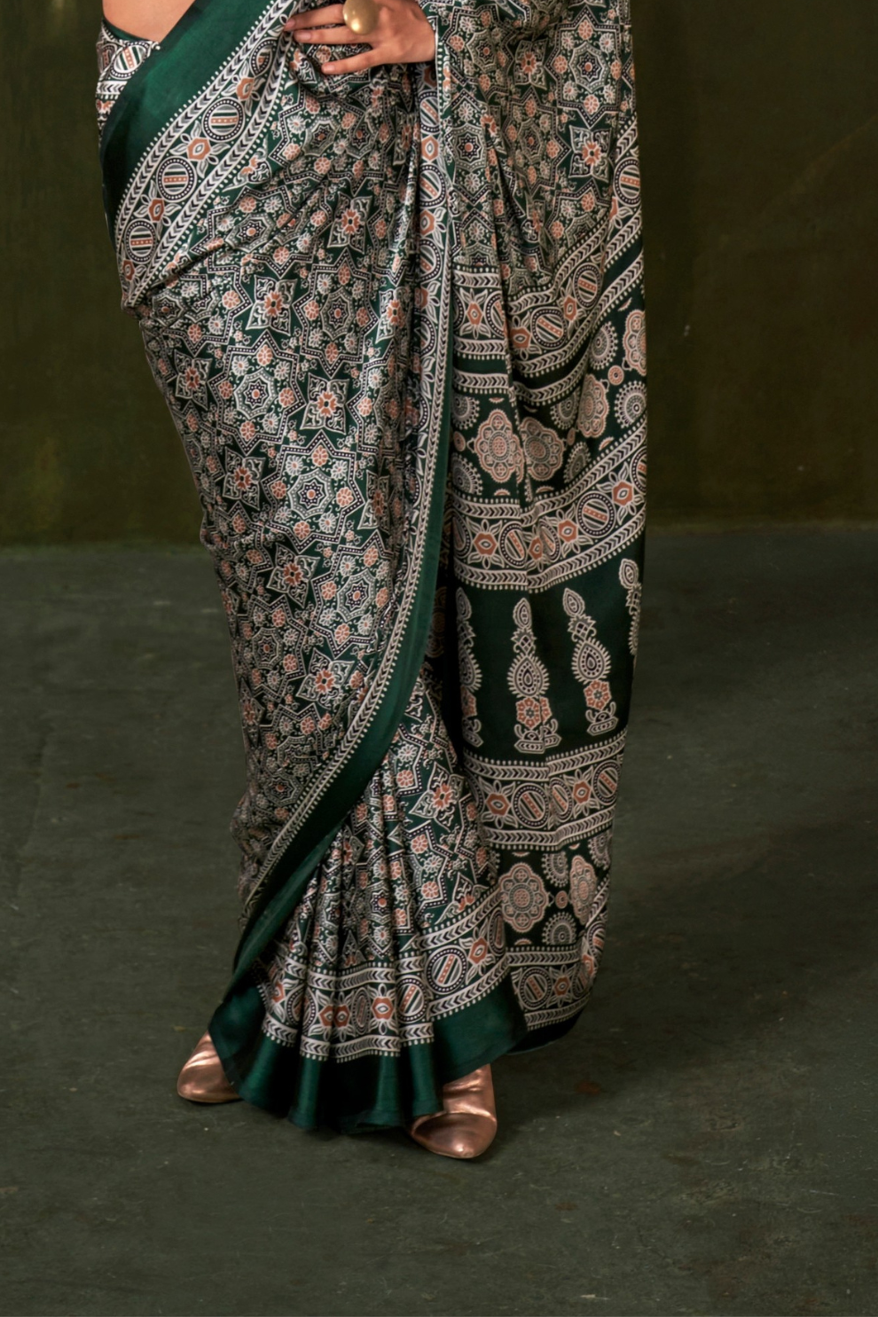 Printed Ajrakh Satin Crepe Saree with Ethnic Artistic Patterns