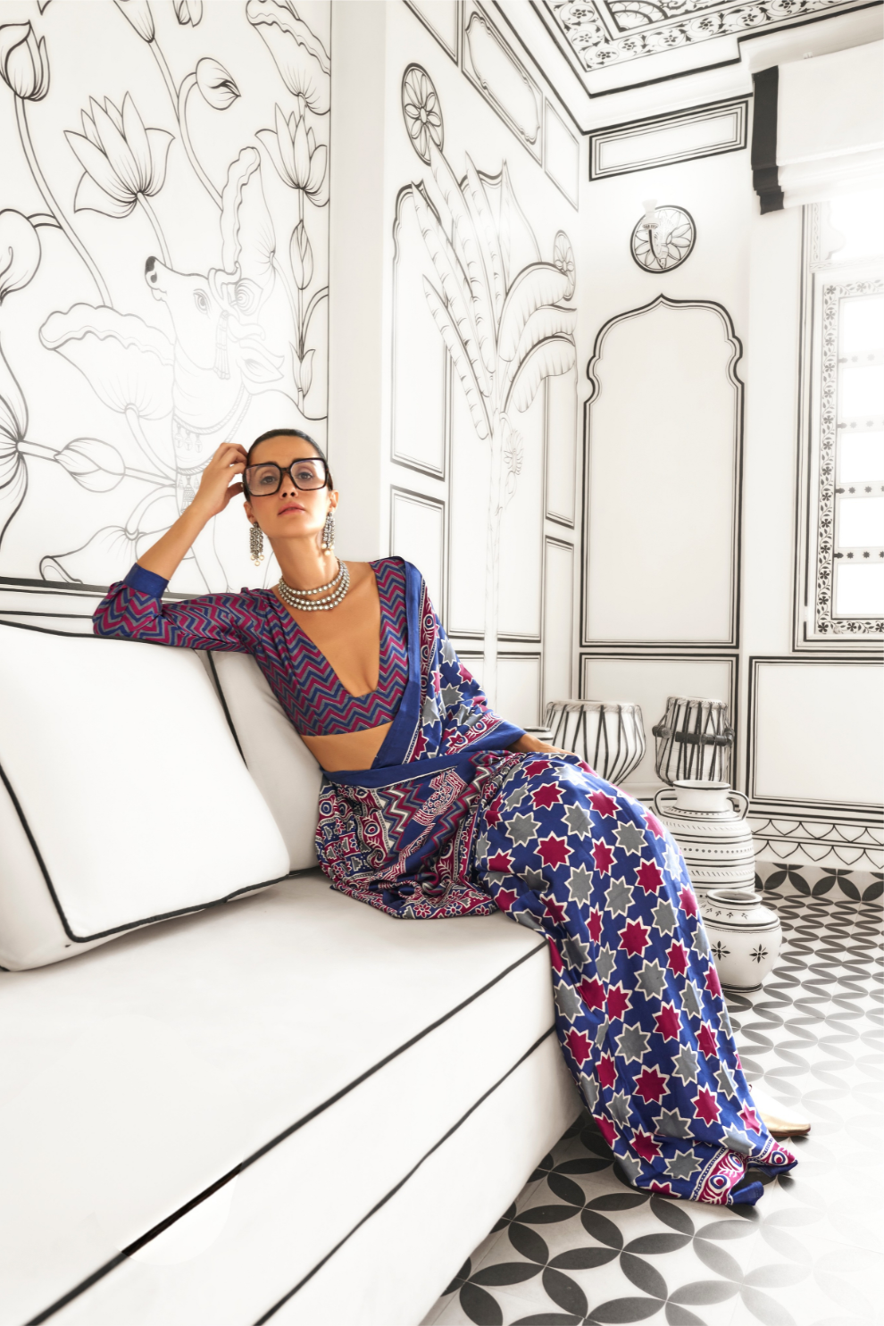 Printed Ajrakh Satin Crepe Saree with Elegant Traditional Vibes