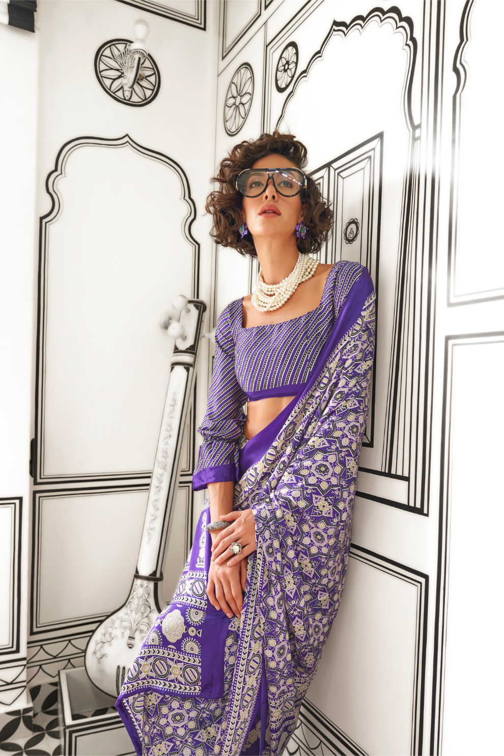 Printed Ajrakh Satin Crepe Saree with Elegant Traditional Vibes