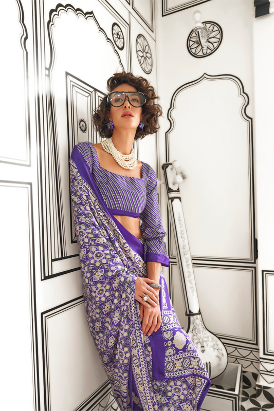 Printed Ajrakh Satin Crepe Saree with Elegant Traditional Vibes