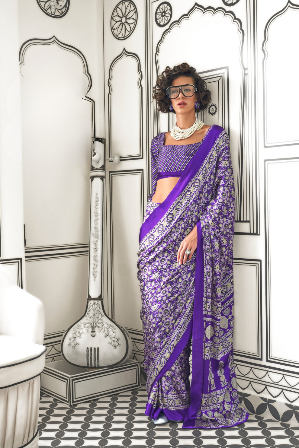 Printed Ajrakh Satin Crepe Saree with Elegant Traditional Vibes