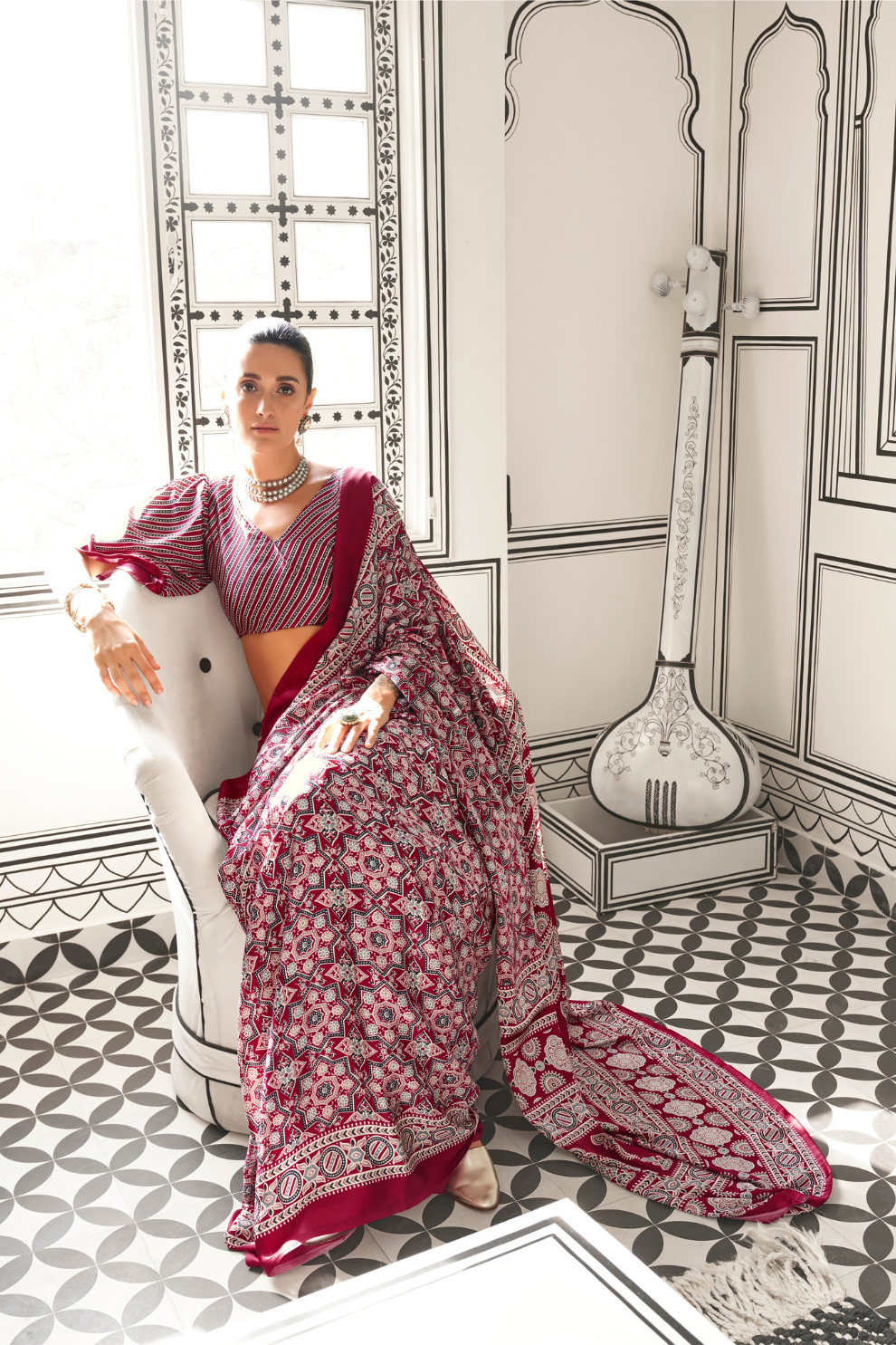 Printed Ajrakh Satin Crepe Saree with Elegant Traditional Vibes