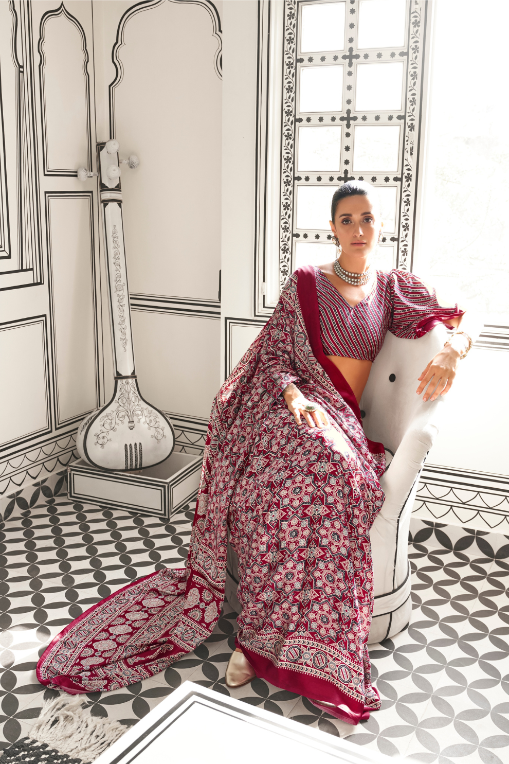 Printed Ajrakh Satin Crepe Saree with Elegant Traditional Vibes