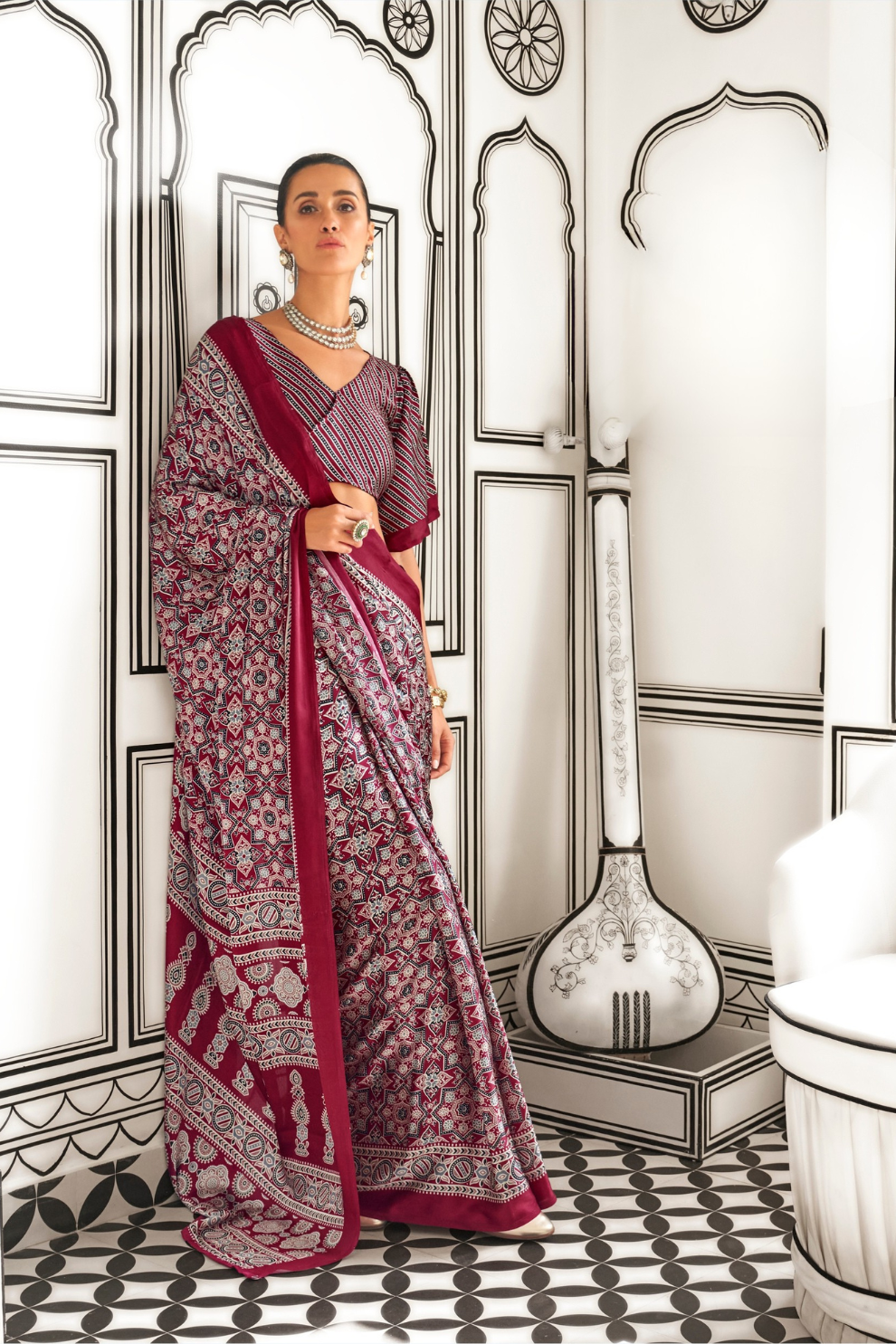 Printed Ajrakh Satin Crepe Saree with Elegant Traditional Vibes
