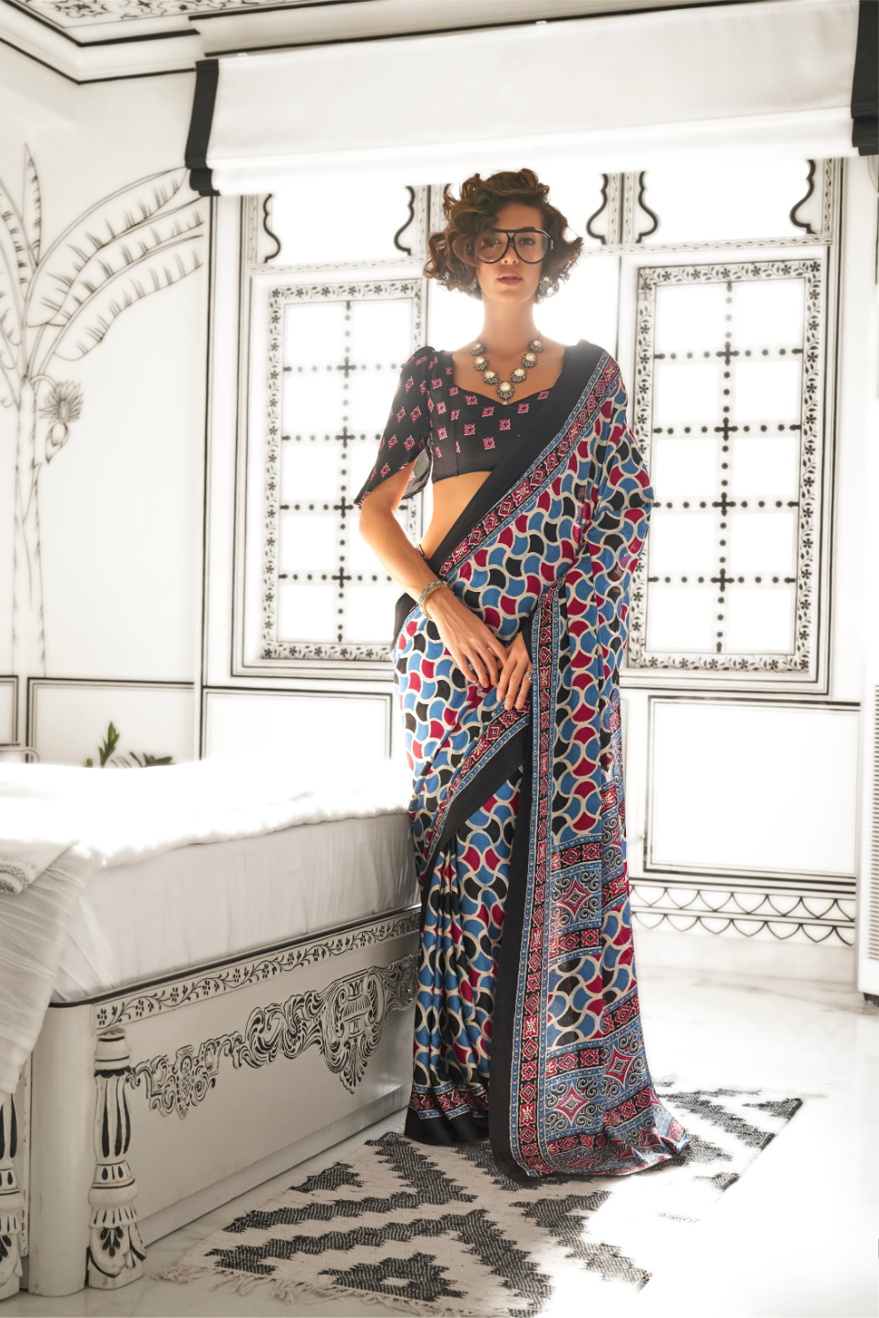Printed Ajrakh Satin Crepe Saree with Elegant Traditional Vibes