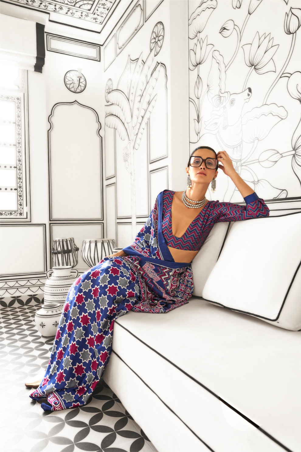 Printed Ajrakh Satin Crepe Saree with Elegant Traditional Vibes