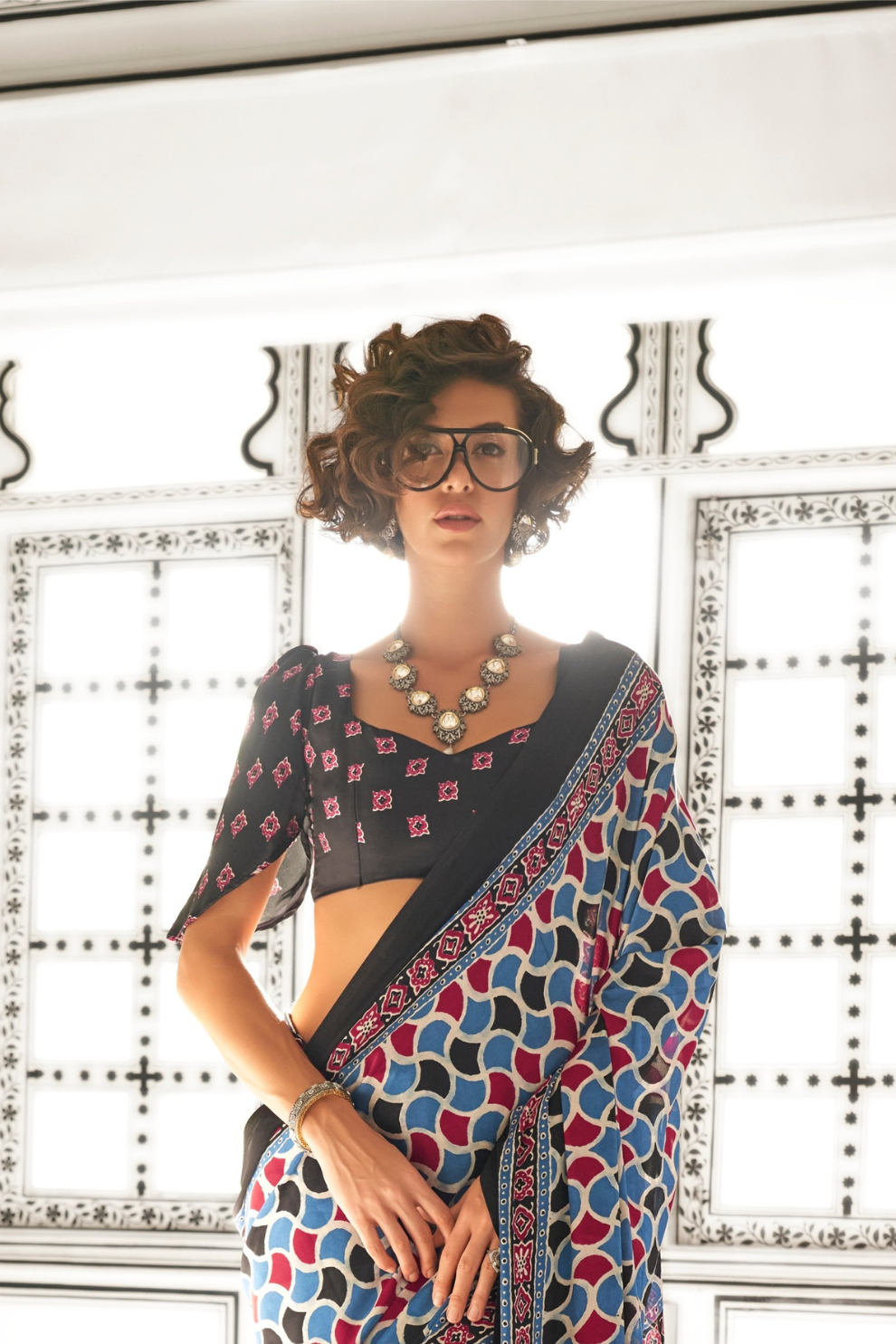 Printed Ajrakh Satin Crepe Saree with Elegant Traditional Vibes