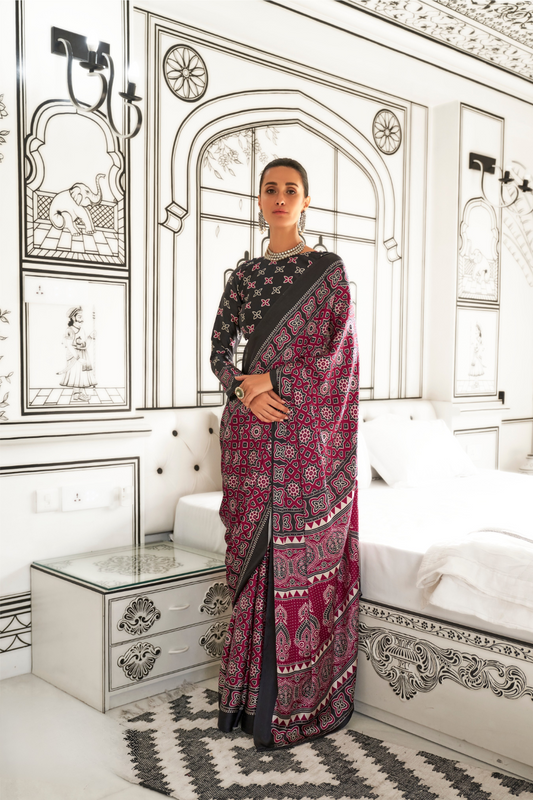 Printed Ajrakh Satin Crepe Saree with Elegant Traditional Vibes