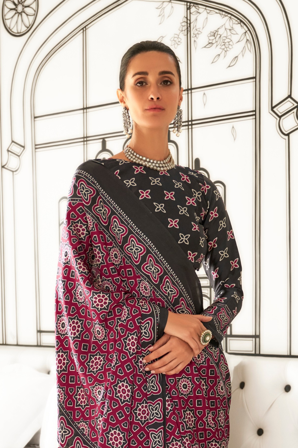 Printed Ajrakh Satin Crepe Saree with Elegant Traditional Vibes