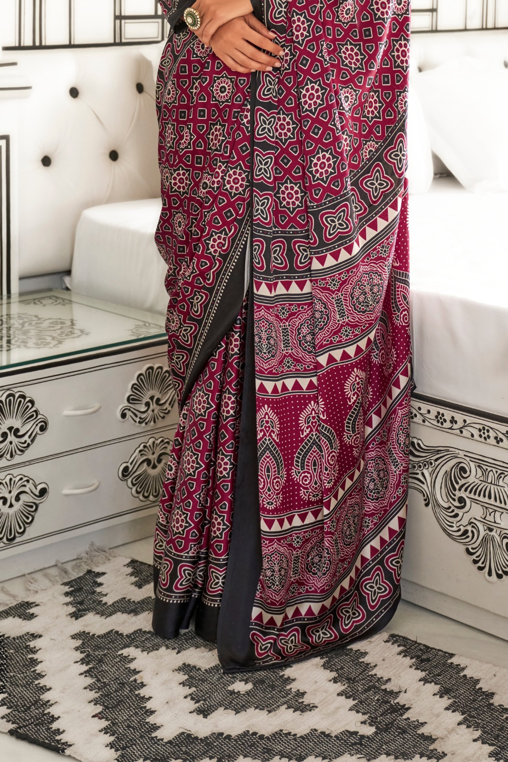 Printed Ajrakh Satin Crepe Saree with Elegant Traditional Vibes