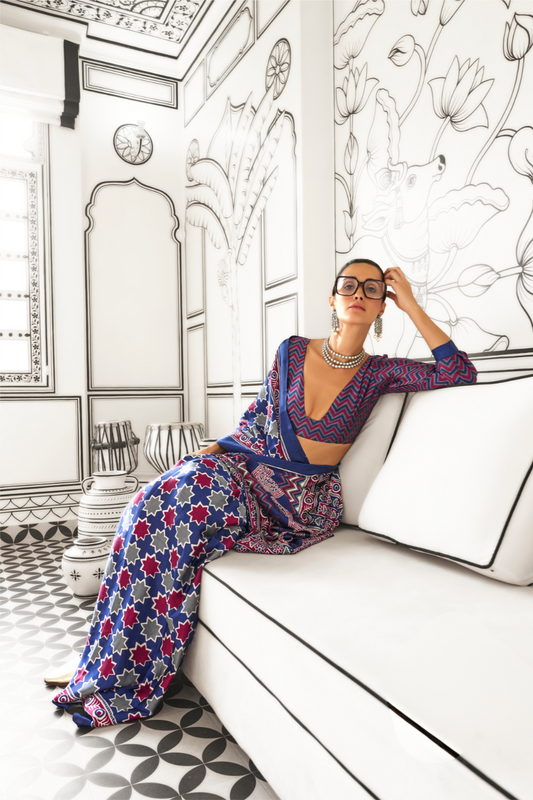 Printed Ajrakh Satin Crepe Saree with Elegant Traditional Vibes
