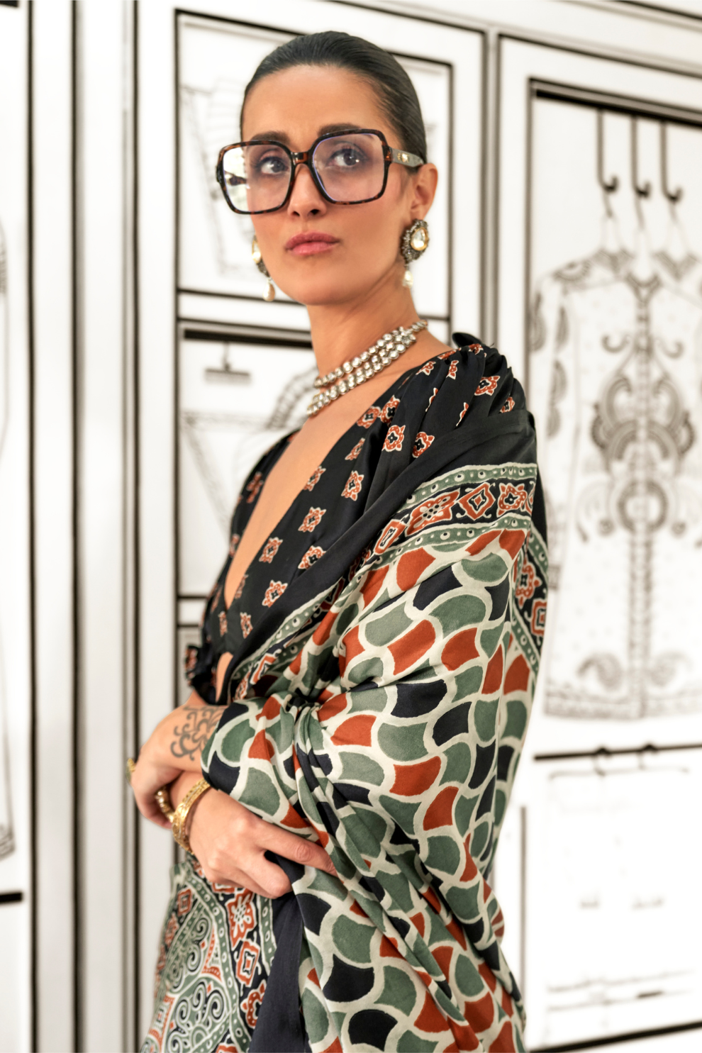 Printed Ajrakh Satin Crepe Saree with Elegant Traditional Vibes