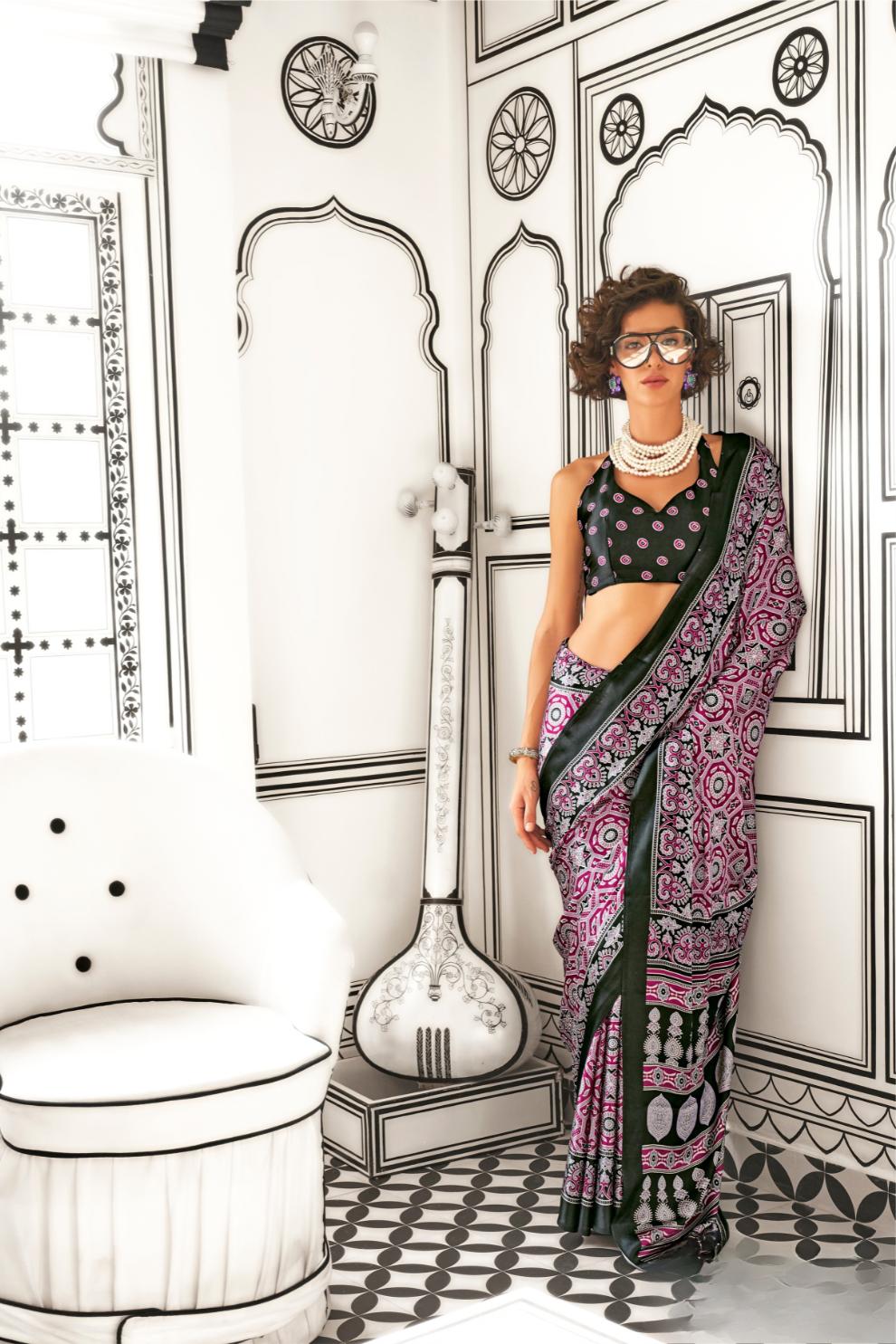 Printed Ajrakh Satin Crepe Saree with Elegant Traditional Vibes