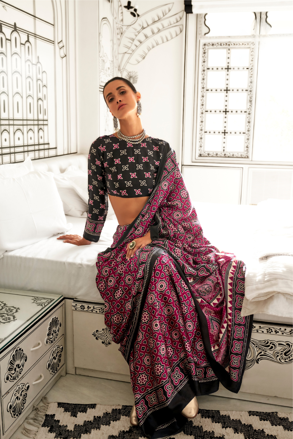 Printed Ajrakh Satin Crepe Saree with Elegant Traditional Vibes