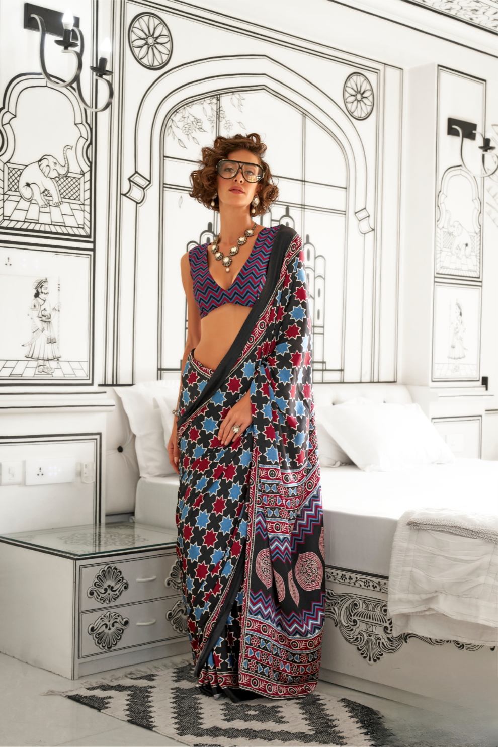 Printed Ajrakh Satin Crepe Saree with Elegant Traditional Vibes