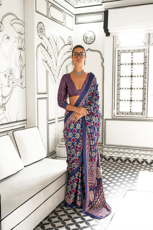 Printed Ajrakh Satin Crepe Saree with Elegant Traditional Vibes