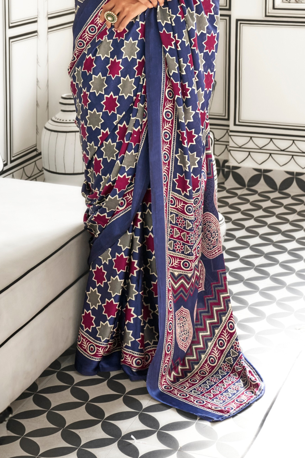 Printed Ajrakh Satin Crepe Saree with Elegant Traditional Vibes