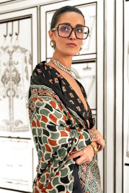 Printed Ajrakh Satin Crepe Saree with Elegant Traditional Vibes