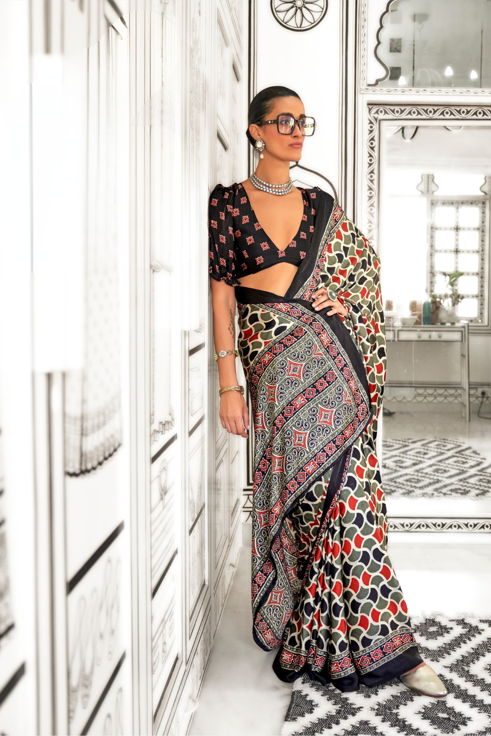 Printed Ajrakh Satin Crepe Saree with Elegant Traditional Vibes