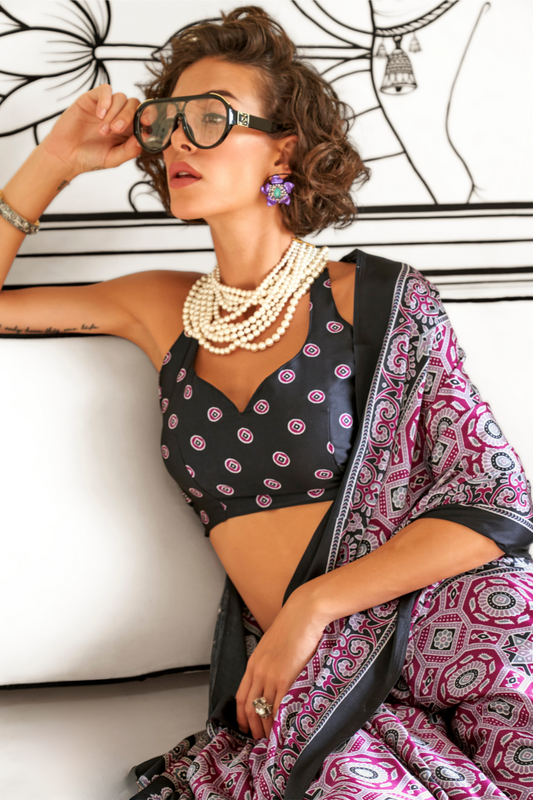 Printed Ajrakh Satin Crepe Saree with Elegant Traditional Vibes