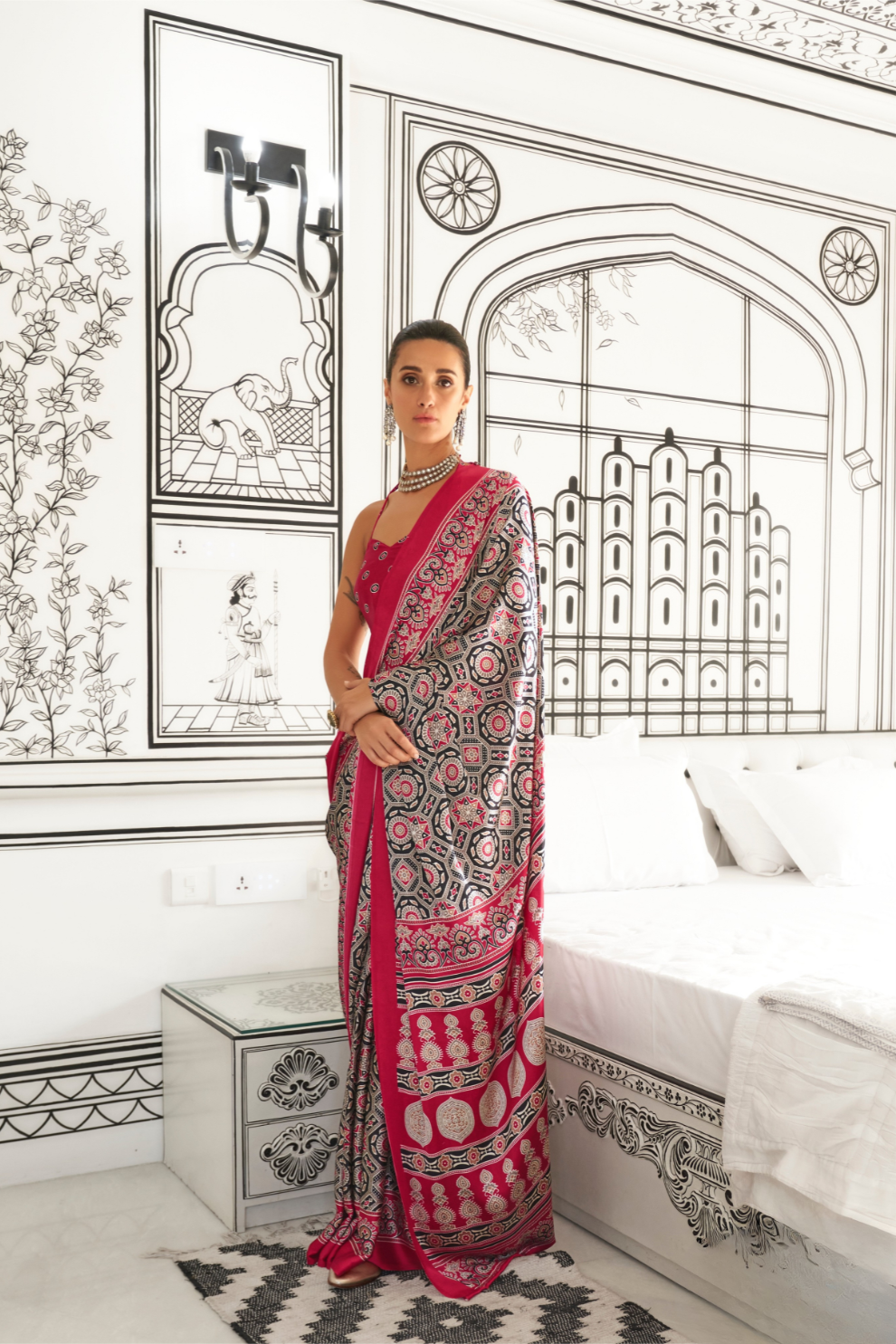 Printed Ajrakh Satin Crepe Saree with Elegant Traditional Vibes