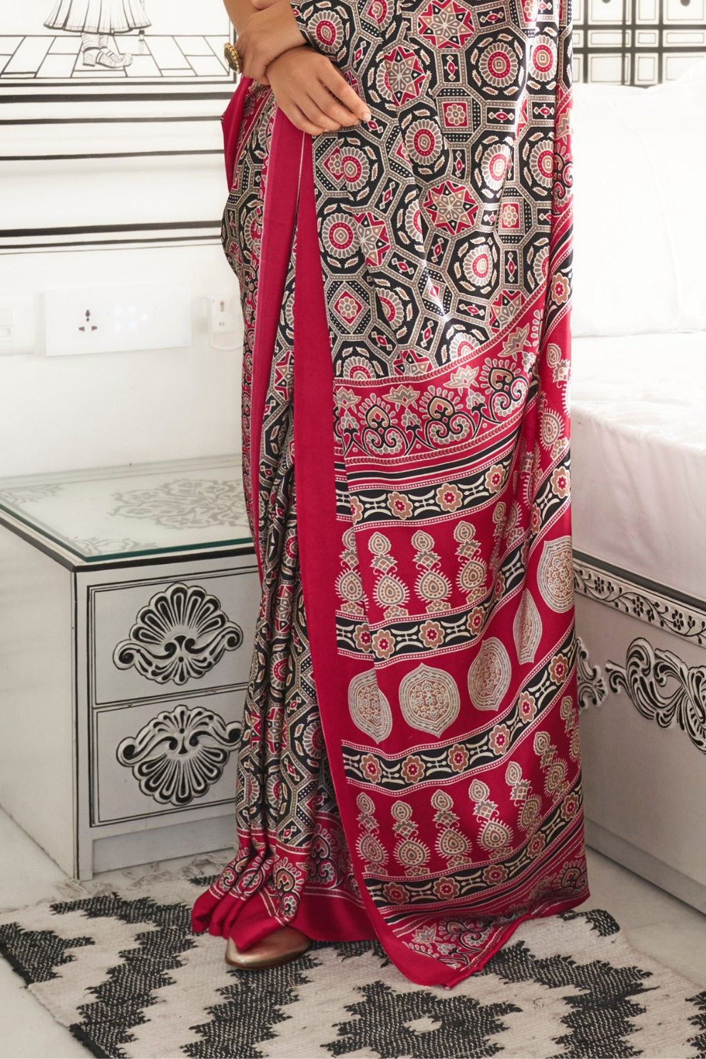 Printed Ajrakh Satin Crepe Saree with Elegant Traditional Vibes
