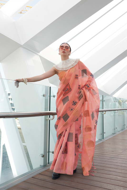 Printed Handloom Zari Tissue Saree with Elegant Shine