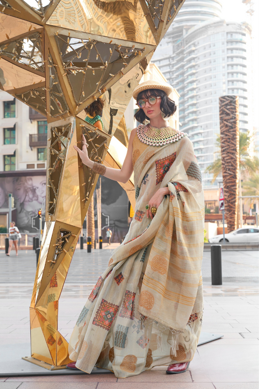 Printed Handloom Zari Tissue Saree with Elegant Shine