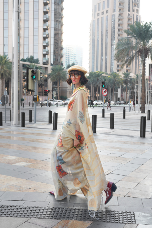 Printed Handloom Zari Tissue Saree with Elegant Shine