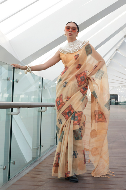 Printed Handloom Zari Tissue Saree with Elegant Shine