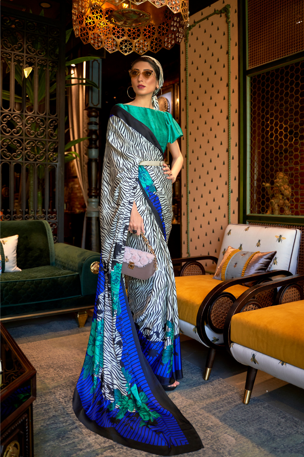 Printed Japan Satin Creep Saree with Elegant Flowing Drape