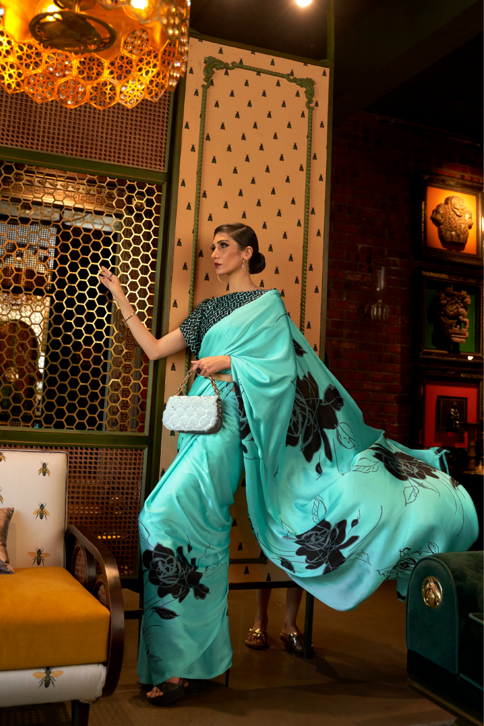 Printed Japan Satin Creep Saree with Elegant Flowing Drape