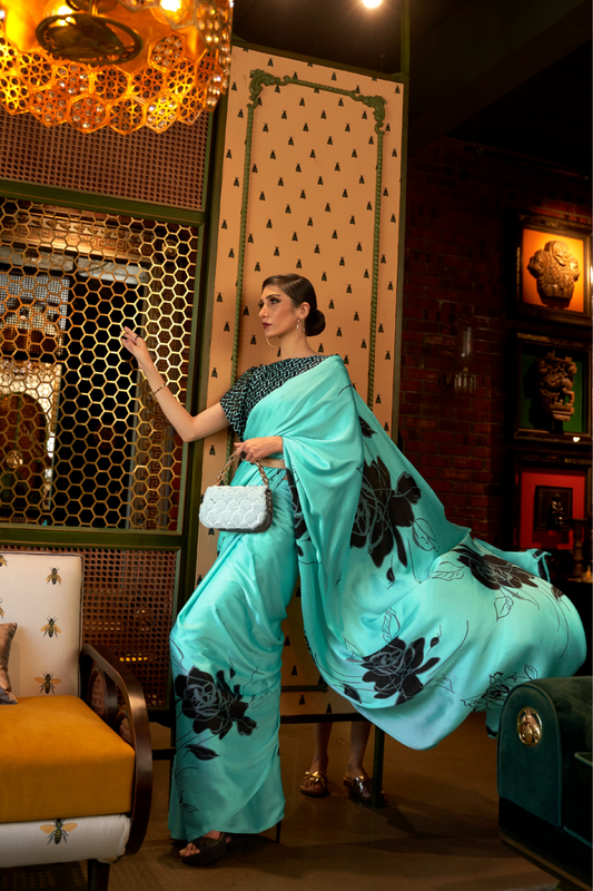 Printed Japan Satin Creep Saree with Elegant Flowing Drape