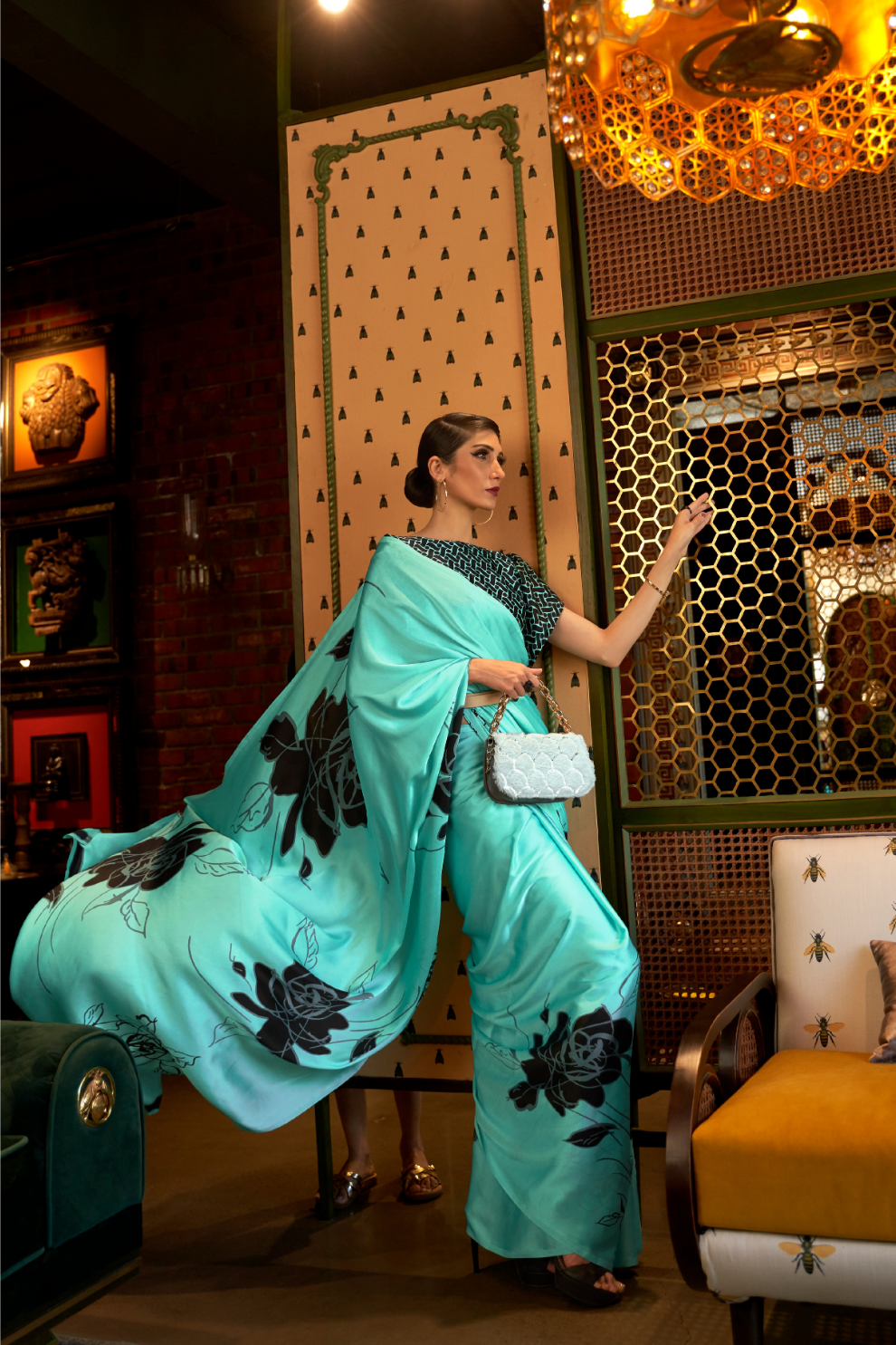 Printed Japan Satin Creep Saree with Elegant Flowing Drape