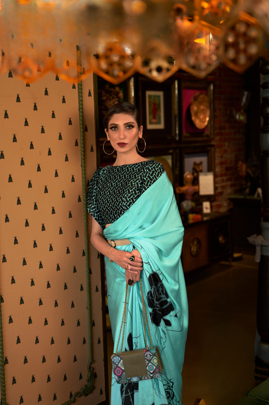 Printed Japan Satin Creep Saree with Elegant Flowing Drape