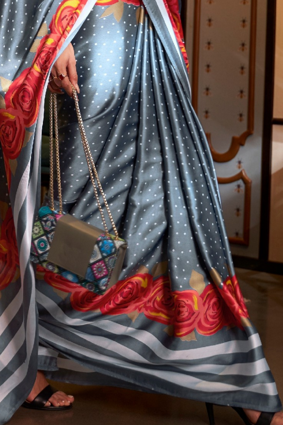 Printed Japan Satin Creep Saree with Elegant Flowing Drape