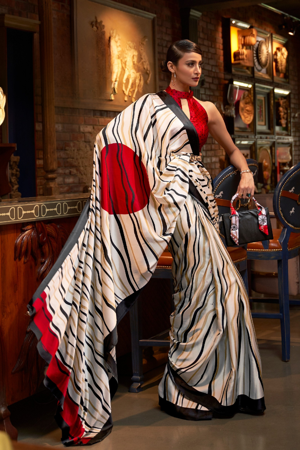 Printed Japan Satin Creep Saree with Elegant Flowing Drape