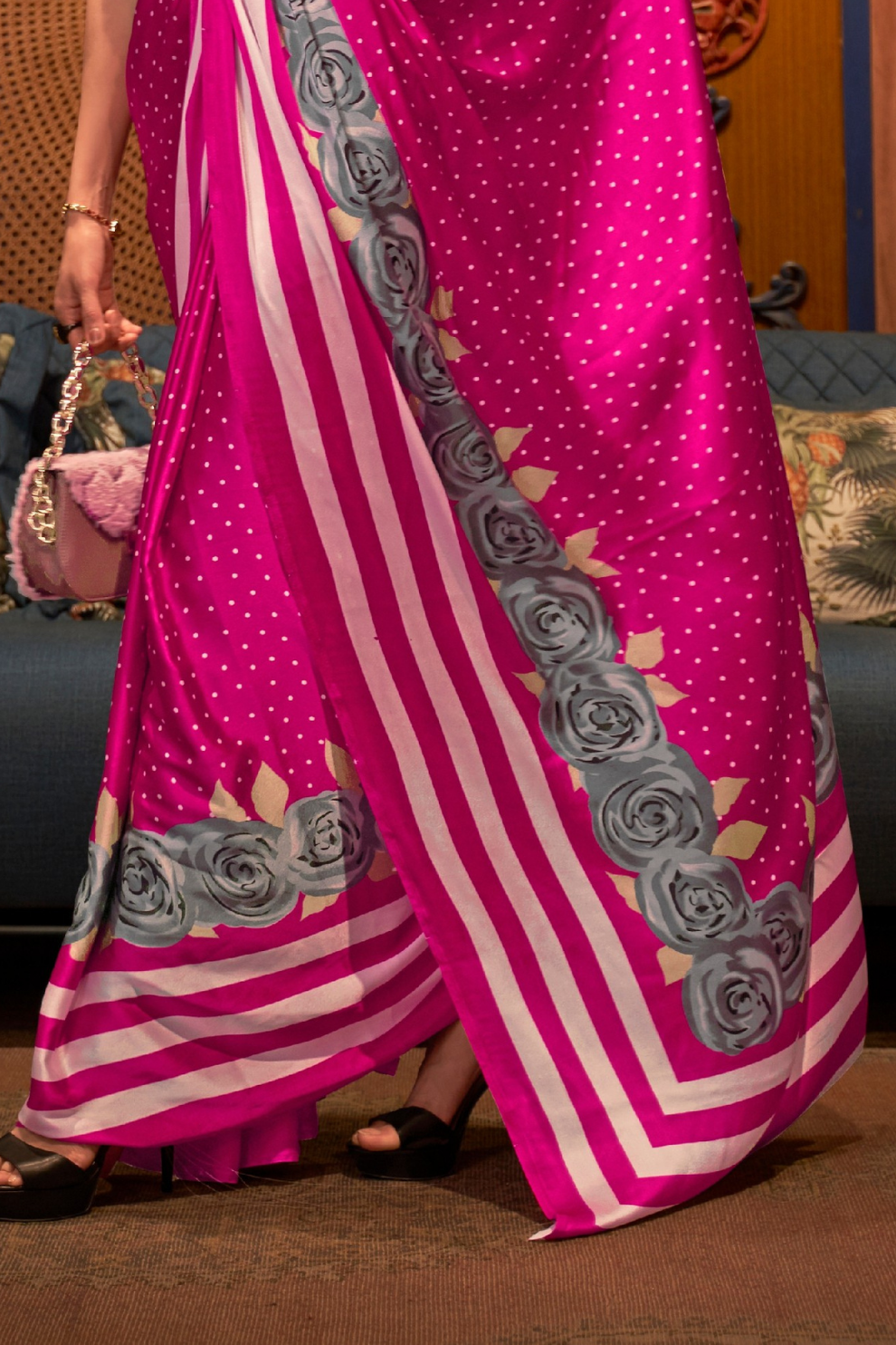 Printed Japan Satin Creep Saree with Elegant Flowing Drape