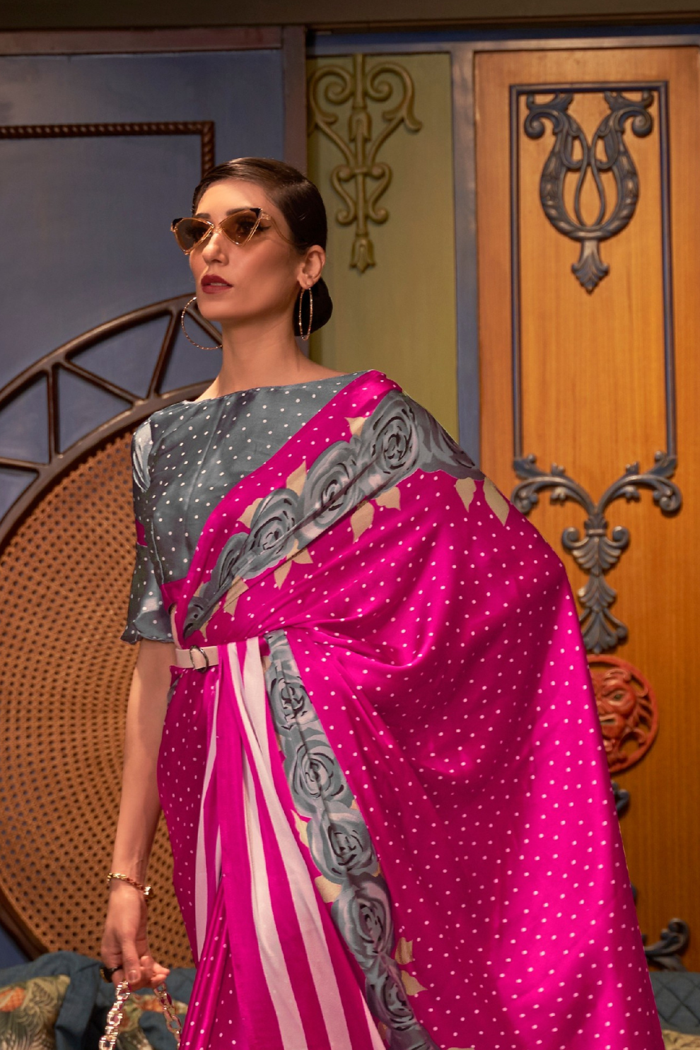 Printed Japan Satin Creep Saree with Elegant Flowing Drape