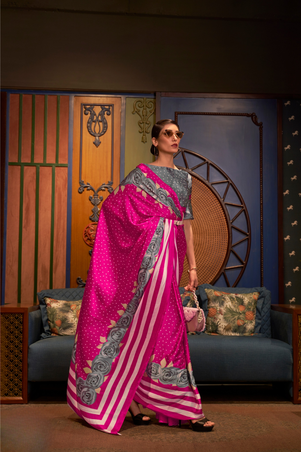 Printed Japan Satin Creep Saree with Elegant Flowing Drape