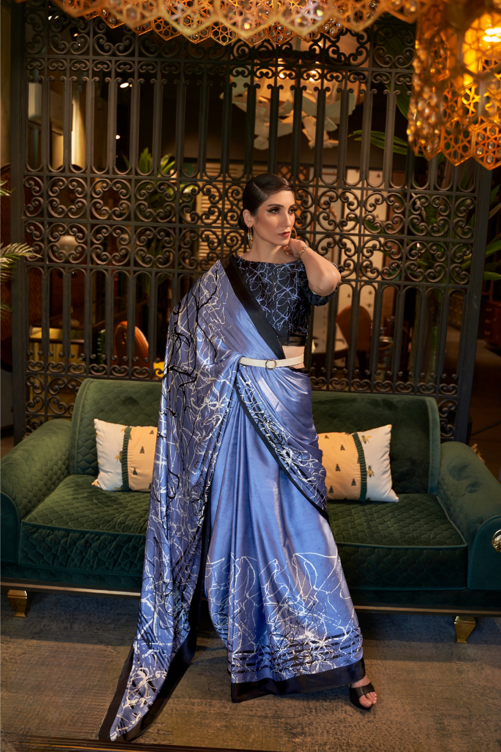 Printed Japan Satin Creep Saree with Elegant Flowing Drape